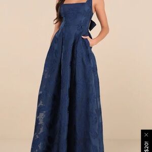 Lulus Navy Jacquard dress with pockets and tie-back bow. New with tags!